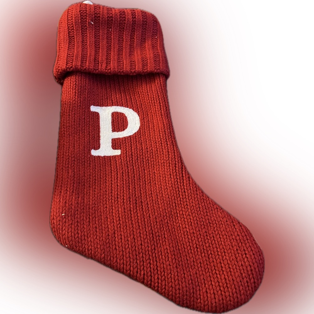 Red Knit Christmas Stocking with White Initial P